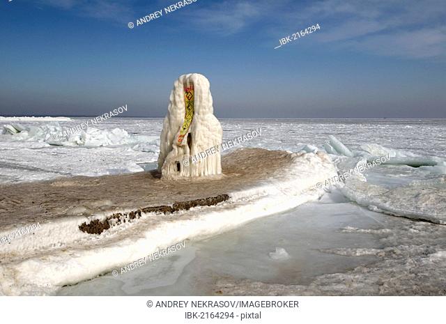 Icy sign, no diving, frozen Black Sea, a rare phenomenon, last time it occured in 1977, Odessa, Ukraine, Eastern Europe