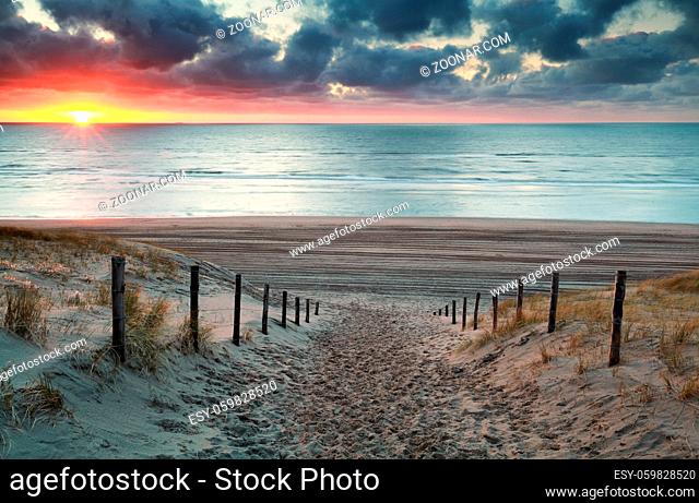 sand path to North sea beach at sunset, North Holland, Netherlands