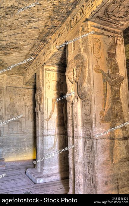 Square Pillars, Goddess Hathor Head, Temple of Hathor and Nefetari, UNESCO World Heritage Site, Abu Simbel, Egypt