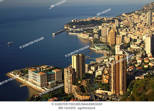 View of the principality of Monaco on the coast of the Cote d'Azur, from left, Monte-Carlo Bay Hotel & Resort, high-rises of Monte Carlo and behind Monaco-Ville
