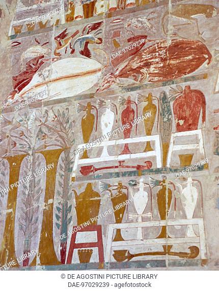 Provisions and pottery offered to the gods by Queen Hatshepsut, detail of painted relief, Chapel of Anubis, Mortuary Temple of Queen Hatshepsut