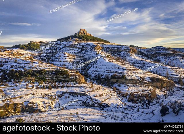 Morella medieval city aerial view, in a winter sunset, after a snowfall (Castellón province, Valencian Community, Spain)