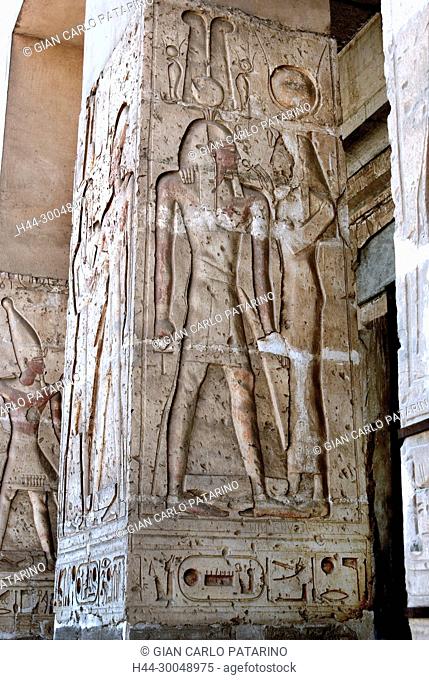 Abydos, Egypt, the mortuary temple of pharaoh Seti I. View of a carved column in the courtyard
