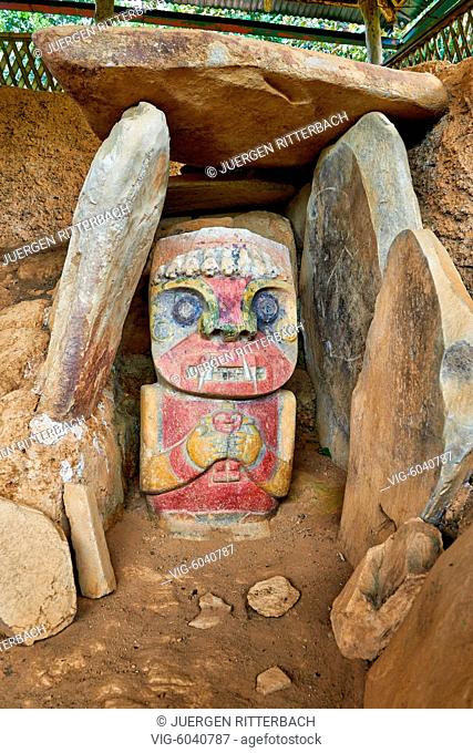 El Purutal, painted stone carved figure of an unknown pre-colombian culture near San Agustin, Colombia, South America - San Agustin, Colombia, 25/08/2017