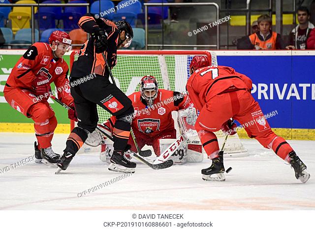 (L-R) Conor Allen of Hradec Kralove, Dwight King of Graz, Stepan Lukes and Radim Salda of Hradec Kralove in action during the Ice Hockey Champions League group...