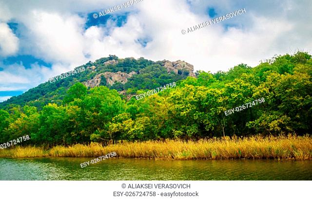 Lush green vegetation and mountain peaks covered with forests on the banks of the river Ropotamo in Bulgaria