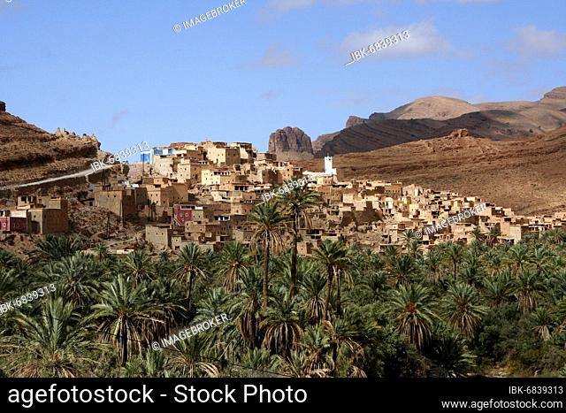 A village lies high on the mountain above the fertile valley, Antiatlas, Morocco, Africa