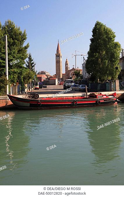 Italy - Veneto Region - Venice Province - Cavallino-Treporti - Portosecco island. Barge at canal moorings
