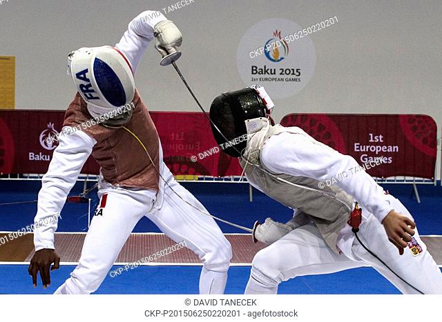 From left Jean-Paul Tony Helissey of France and Alexander Choupenitch of Czech Republic fight in Men's Individual Foil Fencing at the Baku 2015 1st European...