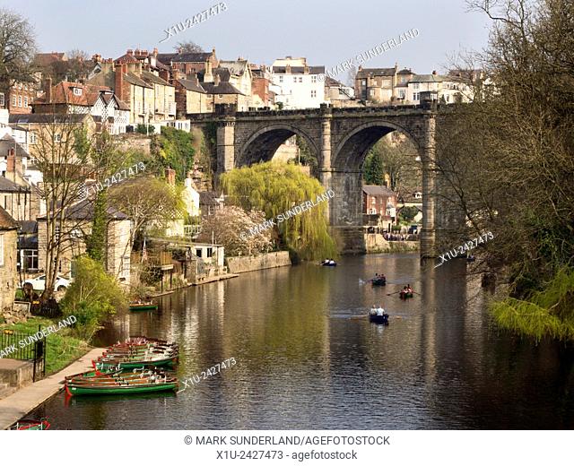 Rowing Boats on the River Nidd below the Viaduct Knaresborough North Yorkshire England