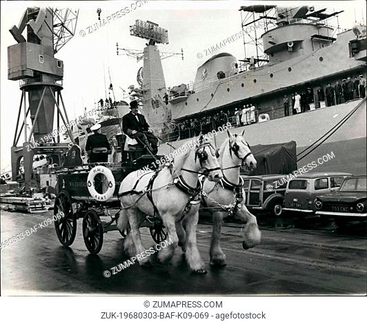 Mar. 03, 1968 - Carriage for the Captain. A brewer?¢‚Ç¨‚Ñ¢s dray fitted with the captain?¢‚Ç¨‚Ñ¢s bridge chair being used at Chatham dockyard yesterday to carry...