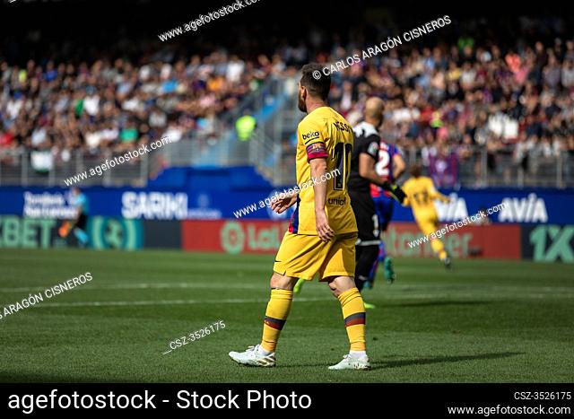 EIBAR, SPAIN - OCTOBRER 19, 2019: Lionel Messi, Barcelona player, in action during a Spanish League match between Eibar and FC Barcelona at Ipurua Stadium