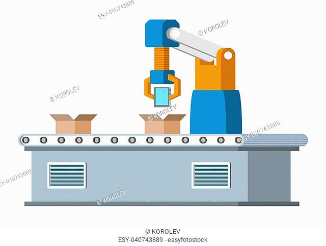 Automated assembly line. Automatic production conveyor. Robotic industry concept. Vector illustration