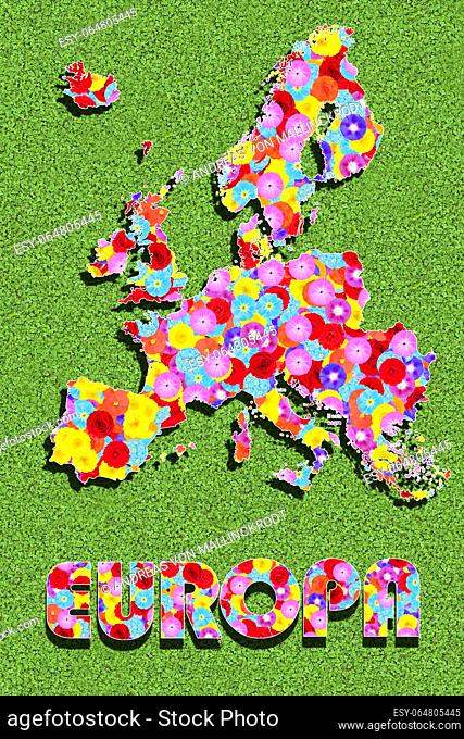 outline and written word of Europe, with colorful flowers on a green meadow, graphic, writing