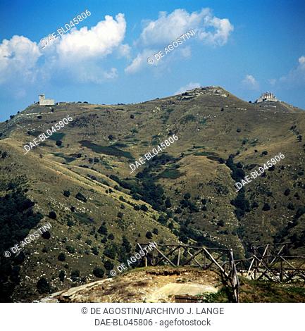 Panoramic view of the defensive system of forts and walls on the Ligurian Apennines, Genoa, Liguria, Italy