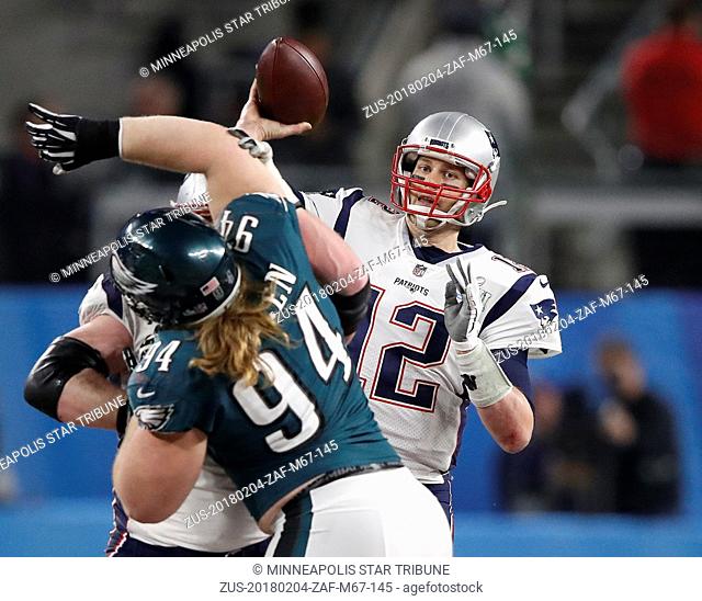 February 4, 2018 - Minneapolis, MN, USA - New England Patriots quarterback Tom Brady (12) throws a pass during Super Bowl LII as the Philadelphia Eagles' Beau...
