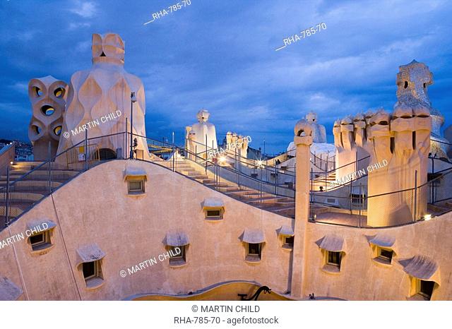 Chimneys and rooftop, Casa Mila, La Pedrera in the evening, Barcelona, Catalonia, Spain, Europe