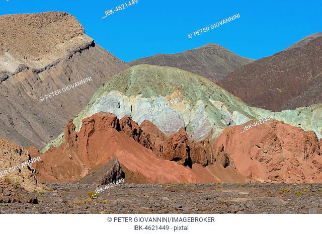 Rock formations in different colours in the Atacama Desert, Rainbow Valley, Valle Arcoiris, Región de Antofagasta, Chile