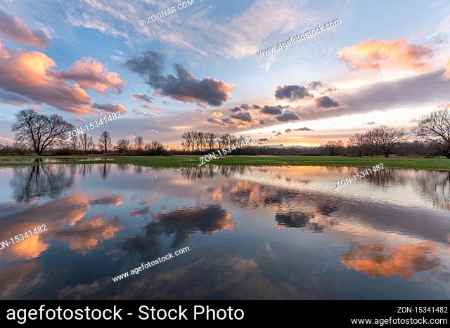Meadow submerged in the flood during Sunset