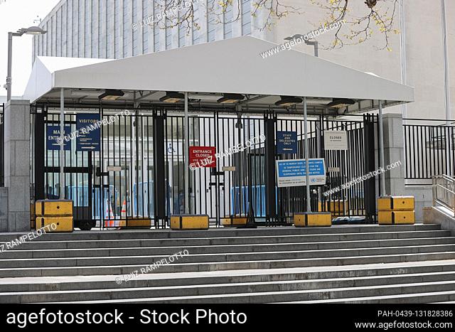 United Nations, New York, USA, April 17, 2020 - A view of empty entrance at United Nations headquarters. Since 10 March the UNHQ is closed to the public...