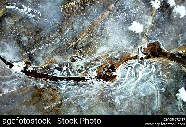 winter Creek. The water surface gradually closes (ice cover and frost flower) on a frosty day, but the current does not allow the river to freeze completely