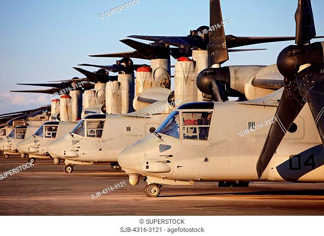 A line of U.S. Marine Corps MV-22 Ospreys, Camp Bastion, Helmand Province, southern Afghanistan