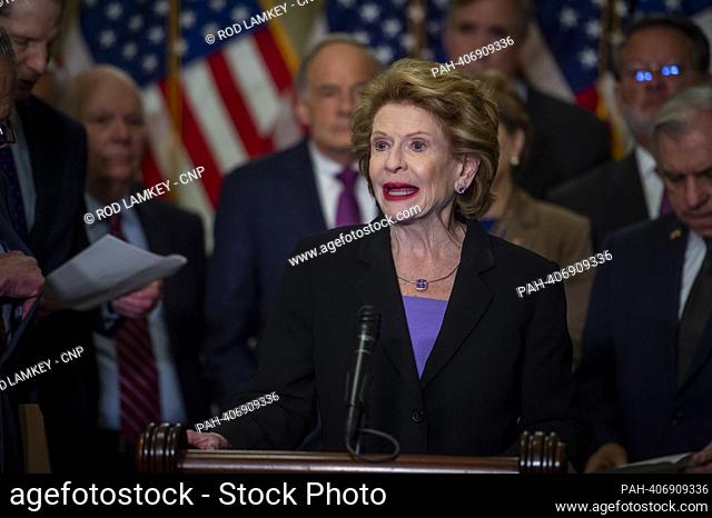 United States Senator Debbie Stabenow (Democrat of Michigan) offers remarks on China Competitiveness Legislation during a press conference at the US Capitol in...