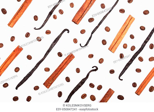 Vanilla sticks, cinnamon, coffee beans and star anise isolated on white background. Composition