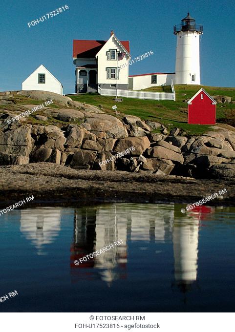 York Beach, ME, Maine, Cape Neddick Nubble Light, Lighthouse, reflection, calm water