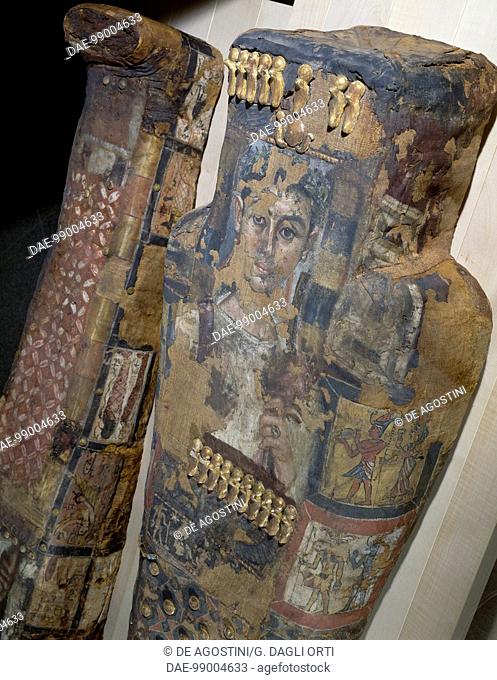 Mummy of Marco Antinous, encaustic painting on linen, the frieze of the aureus protector in gilded stucco. Egyptian civilisation, Roman Empire, 3rd century