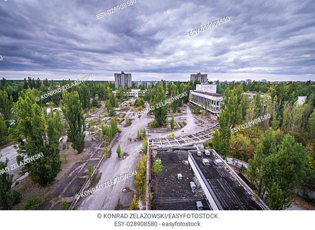 Main square seen from Polissya Hotel in Pripyat ghost city of Chernobyl Nuclear Power Plant Zone of Alienation in Ukraine