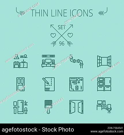 Construction thin line icon set for web and mobile. Set includes- pipeline, structure, door, window, appliances, furnitures, interiors, paintbrush