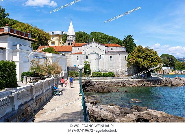Croatia, Istria, Kvarner Bay, Opatija, spa town, seafront Lungomare, Church of St. James, Art pavilion Juraj Sporer, Adriatic sea