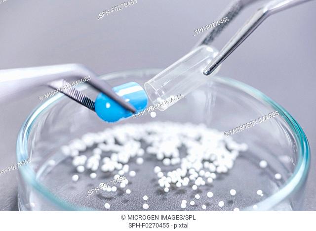Pharmaceutical worker examining a pill