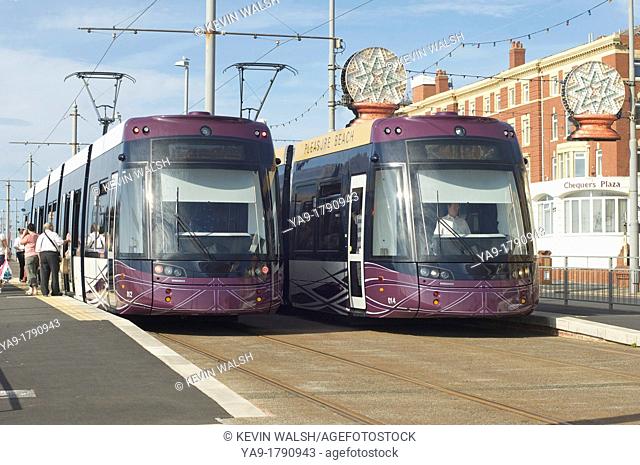 New trams operating along the seafront between Blackpool and Fleetwood, Lancashire, England