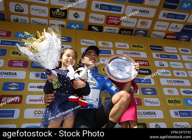 Colombian Fabio Andres Duarte, Leader of the Mountains Classification pictured on the podium after the final stage of the Tour of Colombia cycling race, 182