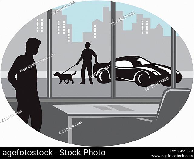 Illustratin of a man from inside an office looking through a window and seeing a person standing next to an exotic car with a well-groomed dog on a leash set...