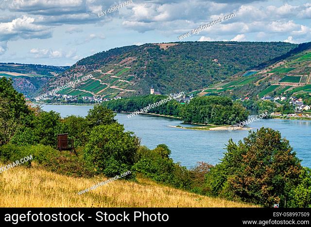 View from Trechtingshausen over the Middle Rhine Valley near Lorch, Hesse, Germany