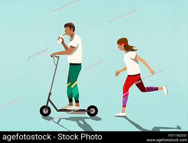 Woman chasing boyfriend riding motorized scooter