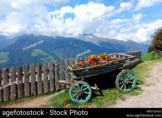 Blick von der Taseralm über das Passeier Tal auf die Berge der Texelgruppe, Schenna, Südtirol, Italien