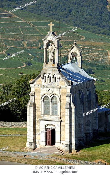 France, Rhone, Beaujolais, Mont Brouilly, the chapel of Mount Brouilly aerial view
