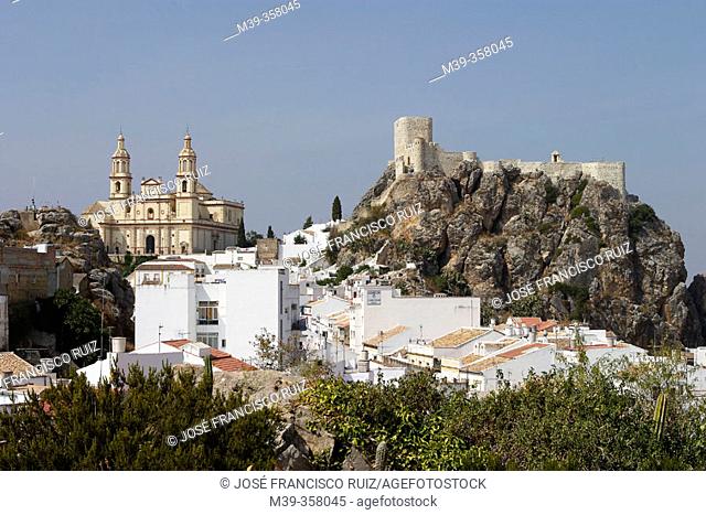 Overview with the muslim castle (12th Century) and  Nuestra Señora de la Encarnación church (neo-classical, 19th century). Olvera. Cádiz province
