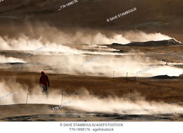 Iceland, Namafjall, Krafla, Fumaroles releasing steam at geothermal area of Hverir near Lake Myvatn