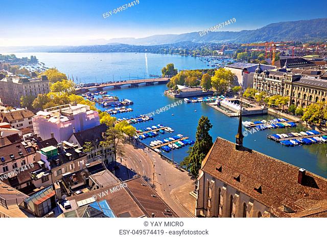 Zurich lake and river waterfront aerial view, largest city in Switzerland