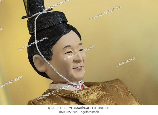A Japanese 'hina' doll modeled after Crown Prince Naruhito on display at Kyugetsu Company's showroom. This year, the Japanese doll maker 'Kyugetsu' unveiled a...