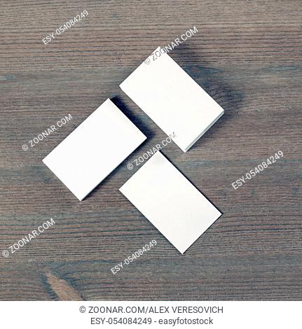 Blank business cards on the table. Template for ID. Top view. Flat lay