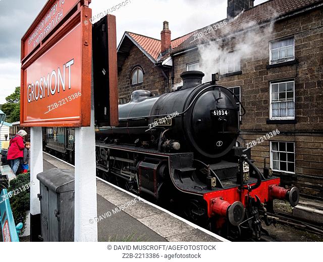 Vintage steam engine locomotive at Grosmont station, North Yorkshire Moors Railway, on the North Yorkshire Moors, Yorkshire, UK