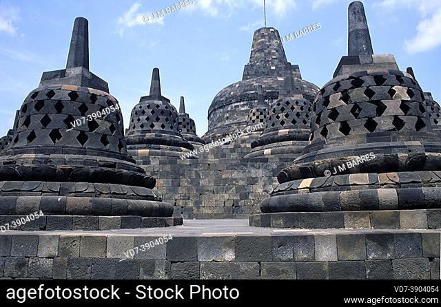 Borobudur or Barabudur is a Mahayana Buddhist temple from 7th century. Magelang, Java, Indonesia