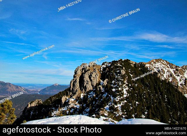 Winter hike to the Signalkopf (1895 meters) on the left in the background of the Walchensee, Europe, Germany, Bavaria, Upper Bavaria, Isar Valley, Krün