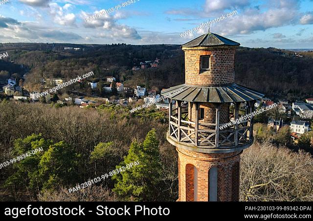 03 January 2023, Brandenburg, Bad Freienwalde: On Galgenberg, high above Bad Freienwalde, there is an observation tower (aerial view with a drone)